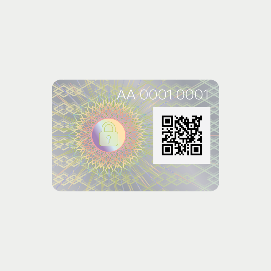 A holographic security card with a lock icon, QR code, and identification number AA 00010001 on a gray and yellow patterned background.