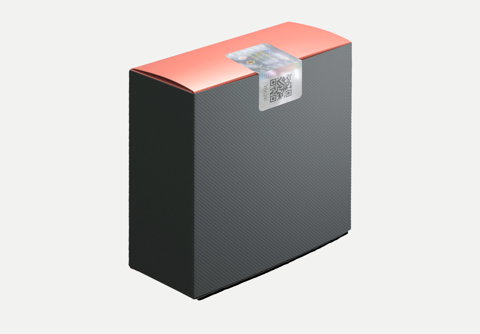 Tamper-evident packaging with a holographic seal and QR code applied across the top flap of a product box.