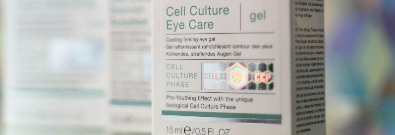 Holographic security label on a skincare product box labeled "Cell Culture Eye Care" with multilingual product description.